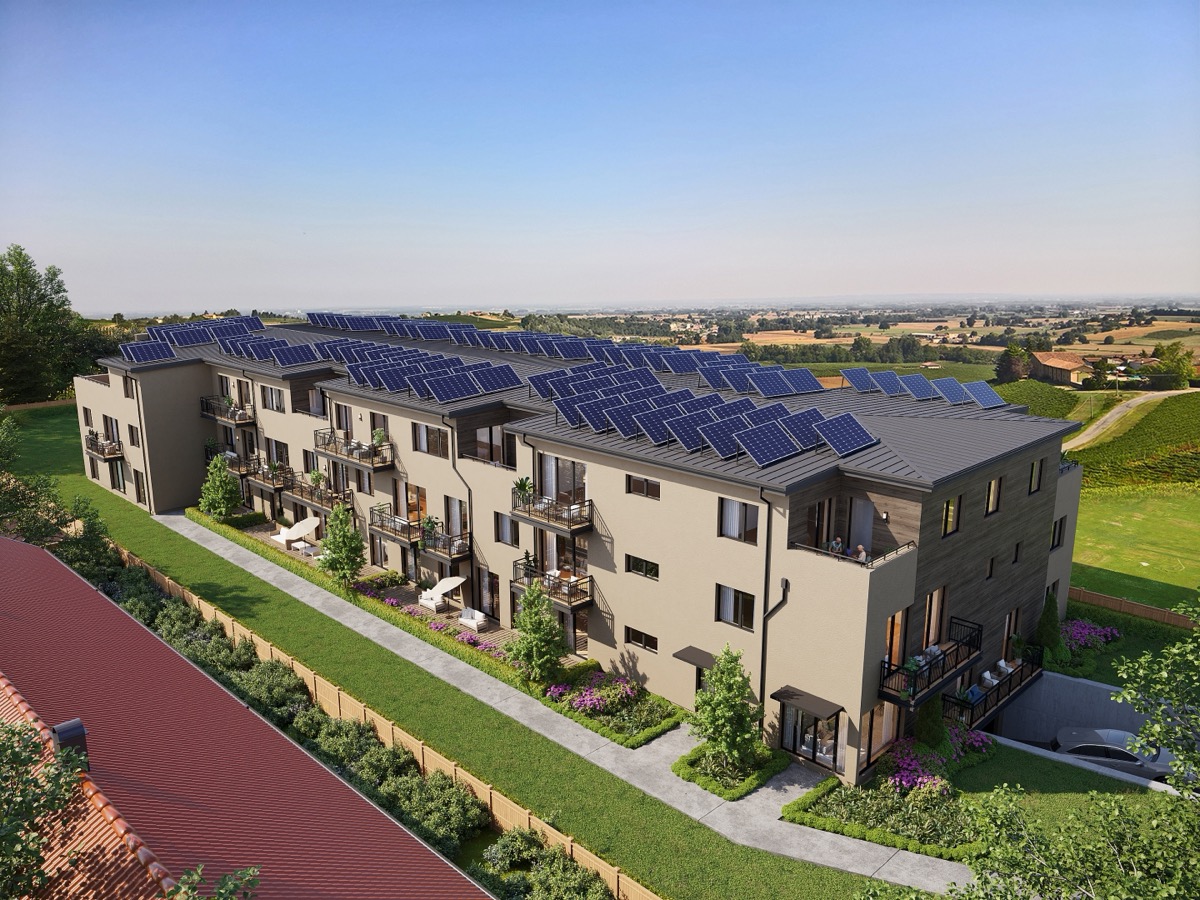 Vizualizace — střecha domu s fotovoltaickými panely (projektováno)